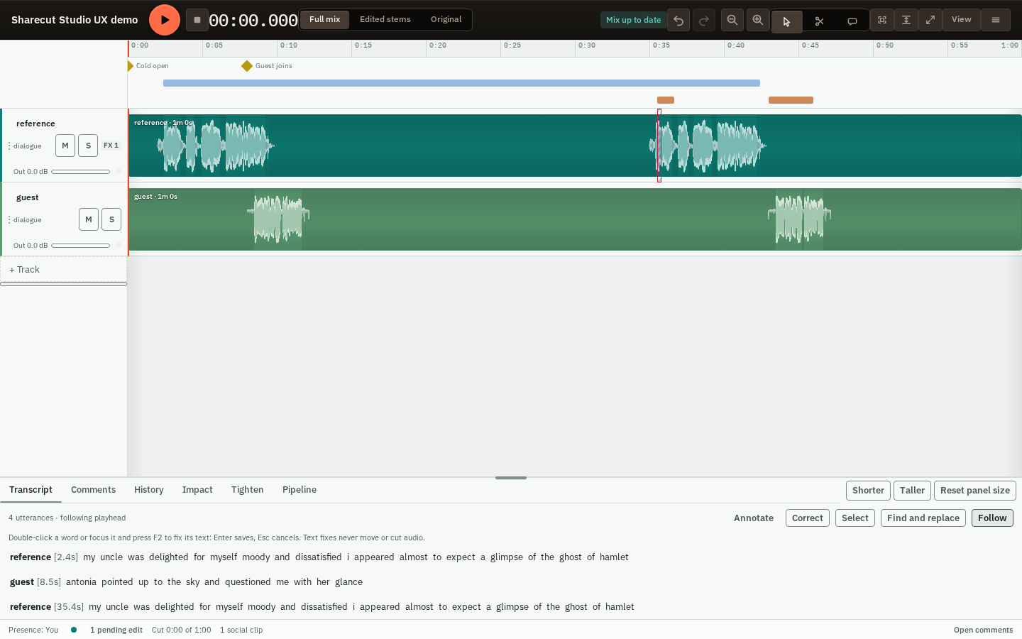 ShareCut Studio source app in a local browser, with a sample transcript beneath two audio tracks in the timeline.