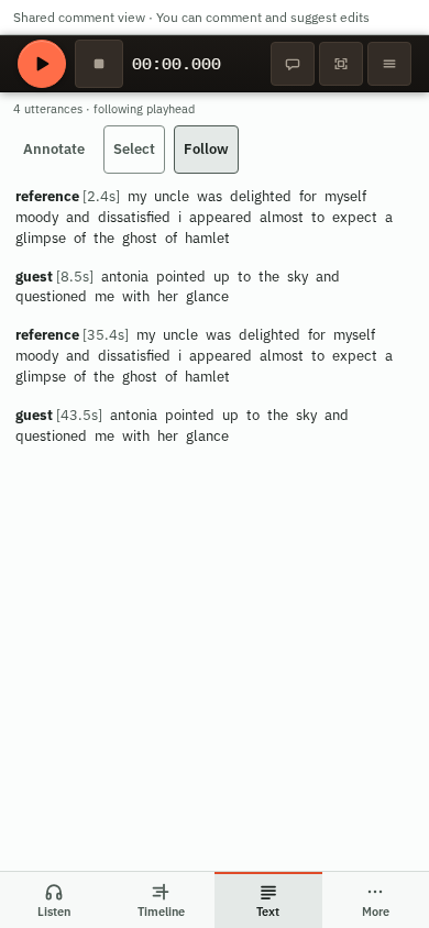 Phone Text mode in a local Commenter review link, showing the sample transcript with annotation and selection controls.