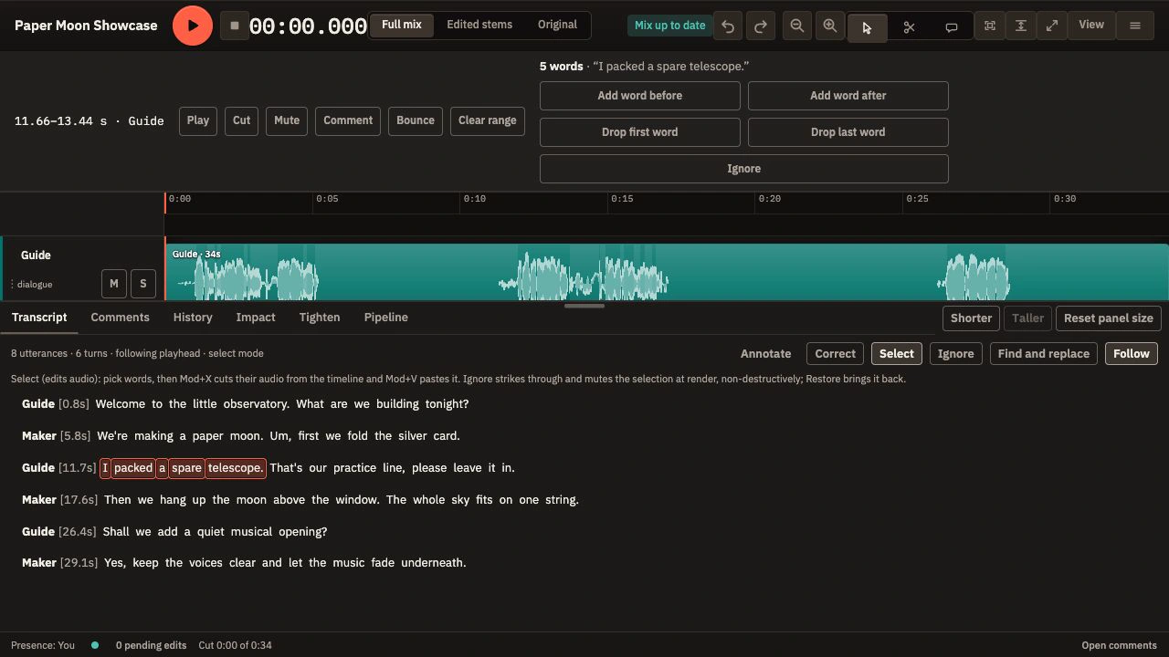 Select words in the transcript, cut their matching audio, then Undo to restore the original.