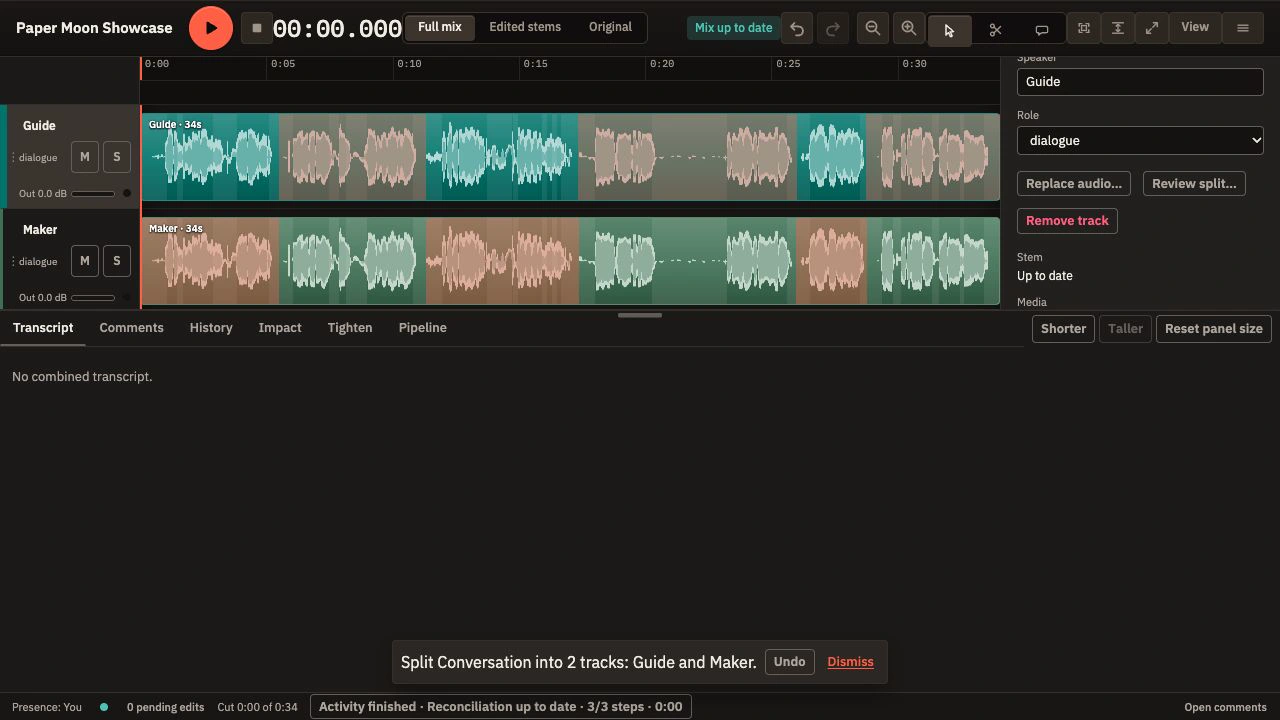 Name two speaker roles, split their turns, and review uncertain stretches. The original recording stays intact.