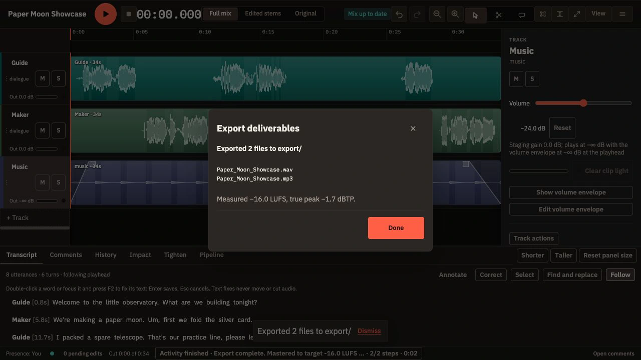 Set music below the voices, choose WAV and MP3, then export the mix.